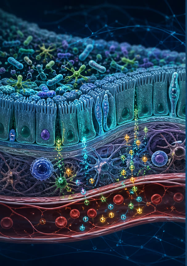 Scientific illustration of gut microbes, intestinal barrier and circulating microbial metabolites