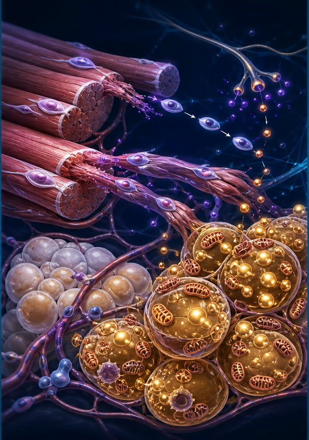 Scientific illustration of skeletal-muscle regeneration, adipocytes and thermogenic mitochondria