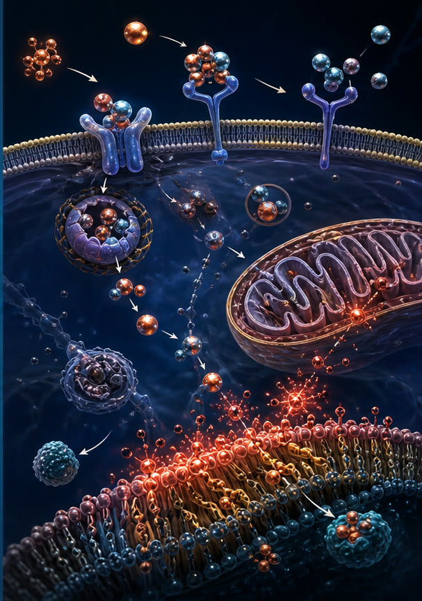 Scientific illustration of trace-element transport, mitochondria, redox signalling and ferroptosis